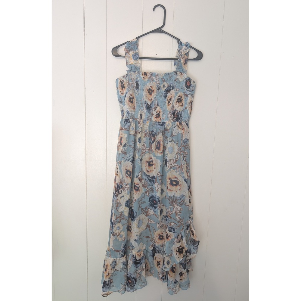 Maurices Blue Boho Floral Smocked Midi Dress Ruffle Straps High Low Hem S Fairy - Picture 8 of 11